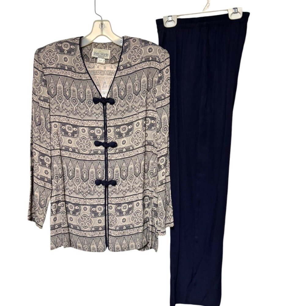 Sheri Martin Petite‎ Vintage Women's 2 piece Pant set black white paisley sz 8P
